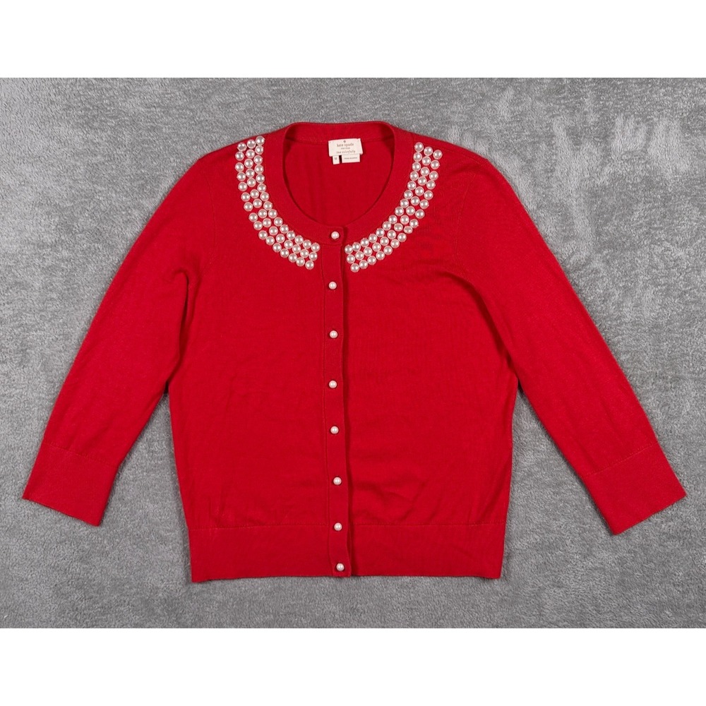 Kate Spade Red Embellished Cardigan Sweater Medium Silk Cashmere Cotton C258 - Picture 3 of 12